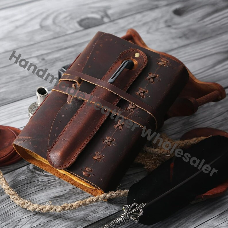 Handmade Leather Journal with Pen Holder, Vintage Deckle Edge Paper