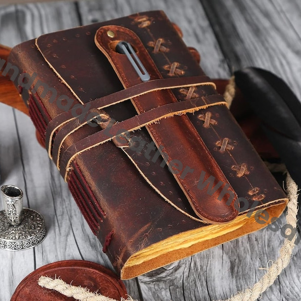 Handmade Leather Journal with Pen Holder, Vintage Deckle Edge Paper