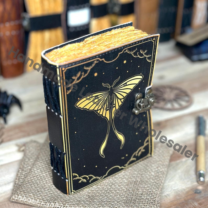Handmade Leather Luna Moth Journal: Engraved Book of Shadows