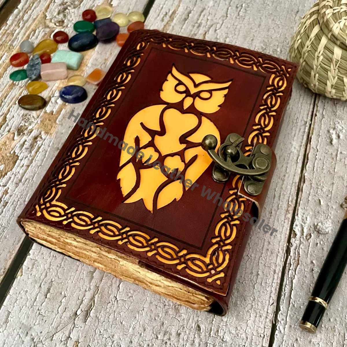 Handmade Leather Owl Journal: Embossed Writing Notebook (7x5 Inches)