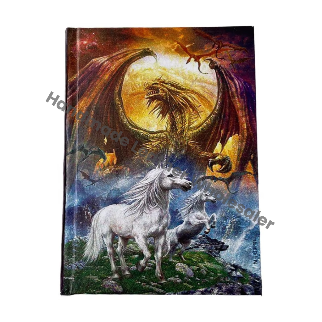 Handmade Leather Printed Journal Unicorn & Dragon Design Cardboard Cotton White Paper Notebook Sketchbook Drawing Planner Diary