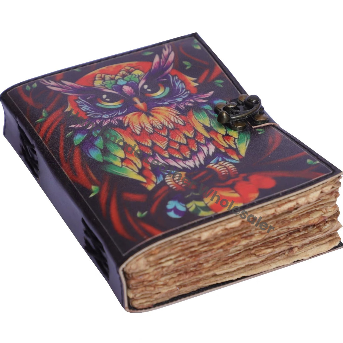 Handmade Leather Printed Owl Design Journal Deckle Edge Eco-friendly Paper Sketchbook Clasp Cover Gift Diary