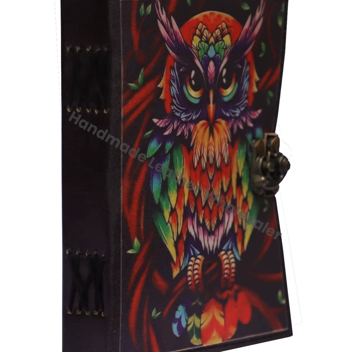 Handmade Leather Printed Owl Design Journal Deckle Edge Eco-friendly Paper Sketchbook Clasp Cover Gift Diary