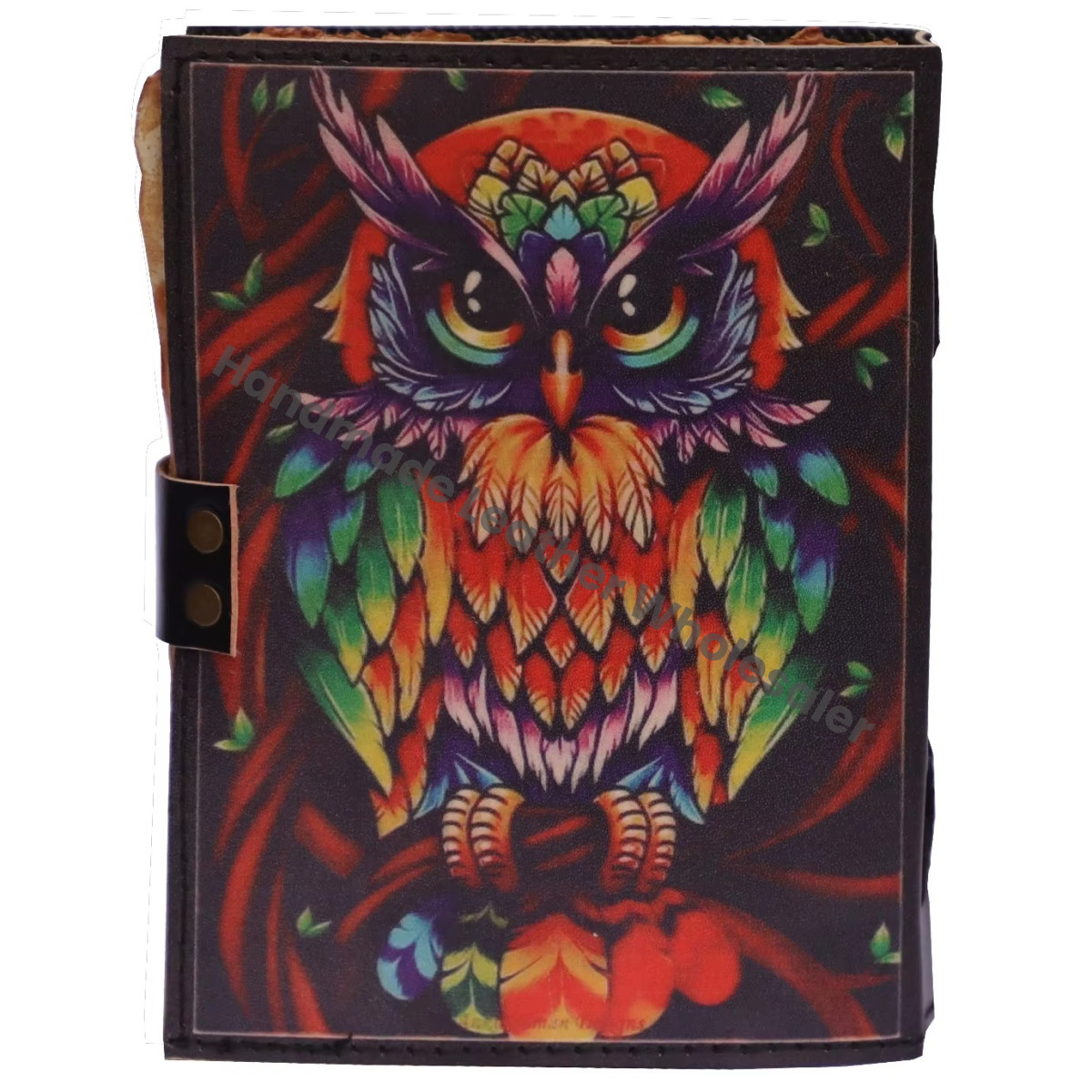 Handmade Leather Printed Owl Design Journal Deckle Edge Eco-friendly Paper Sketchbook Clasp Cover Gift Diary