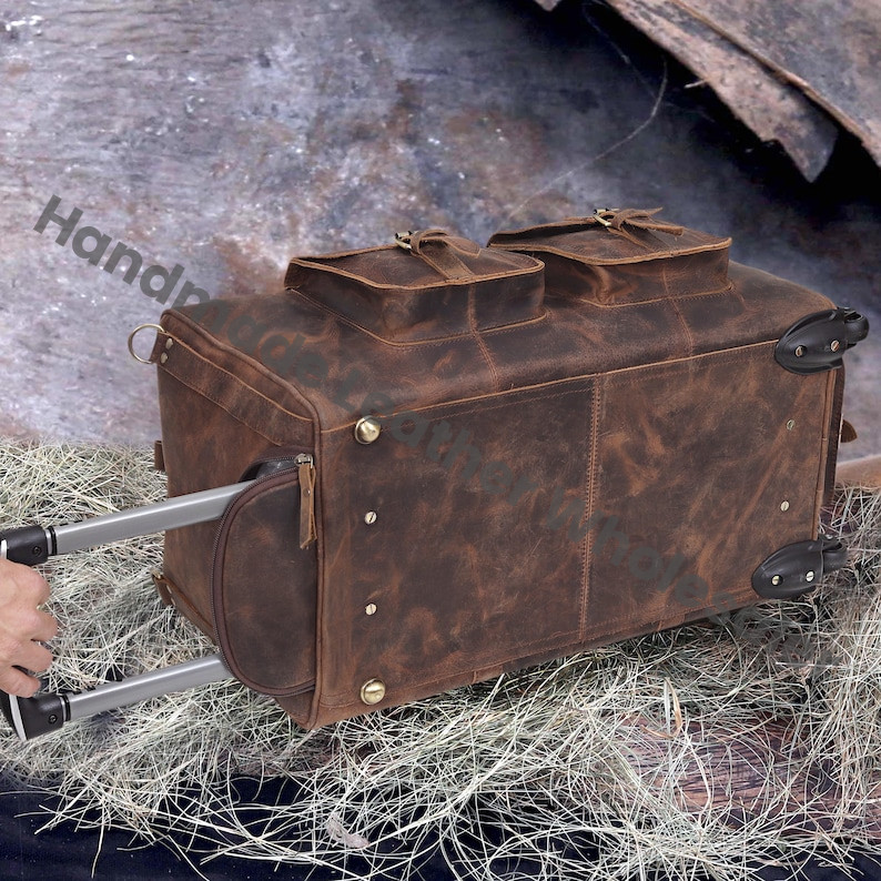 Handmade Leather Rolling Duffel Bag: Personalized Weekender Trolley Travel Bag Groomsmen Gift