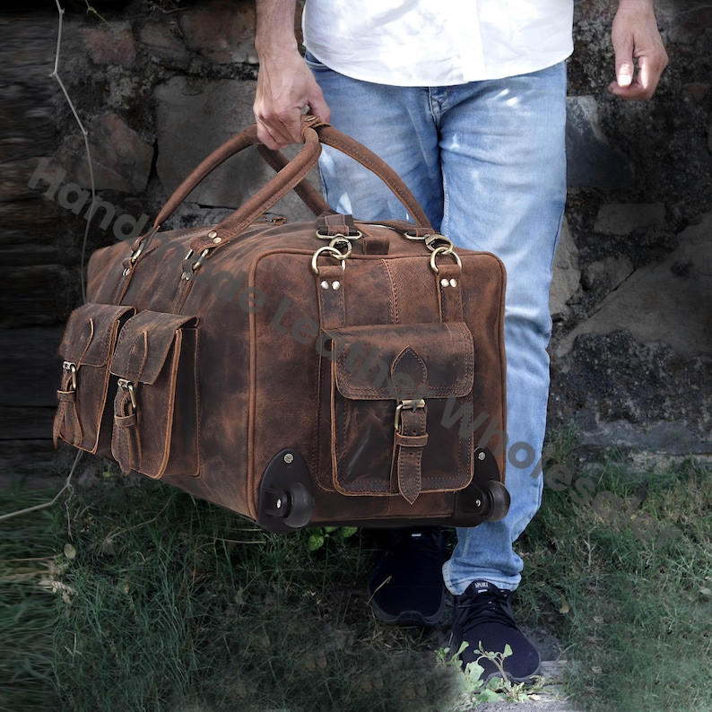 Handmade Leather Rolling Duffel Bag: Personalized Weekender Trolley Travel Bag Groomsmen Gift
