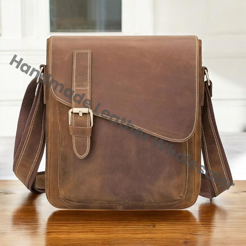 Handmade Leather Satchel: Tablet Crossbody Messenger Bag