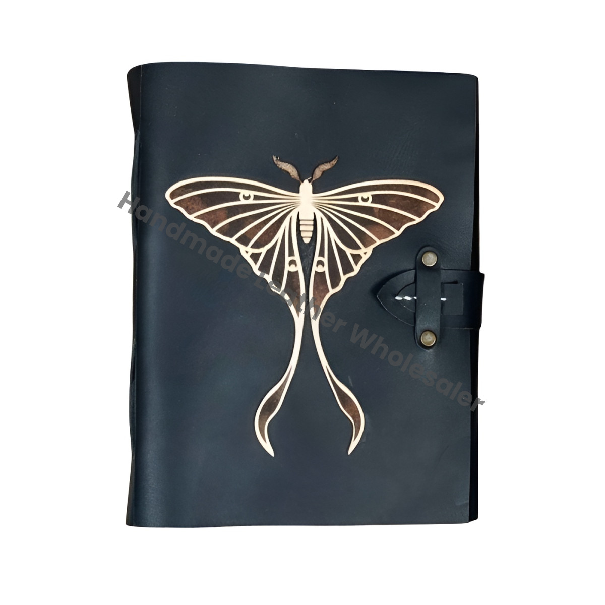 Handmade Leather Spell Book: Luna Moth Journal, Vintage Lock & Deckle Edge Paper