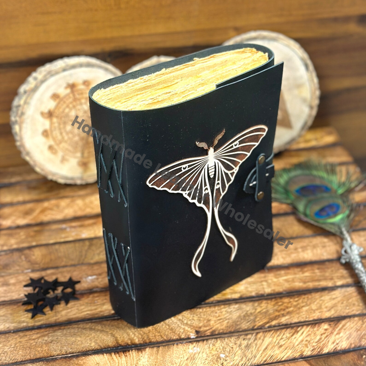 Handmade Leather Spell Book: Luna Moth Journal, Vintage Lock & Deckle Edge Paper