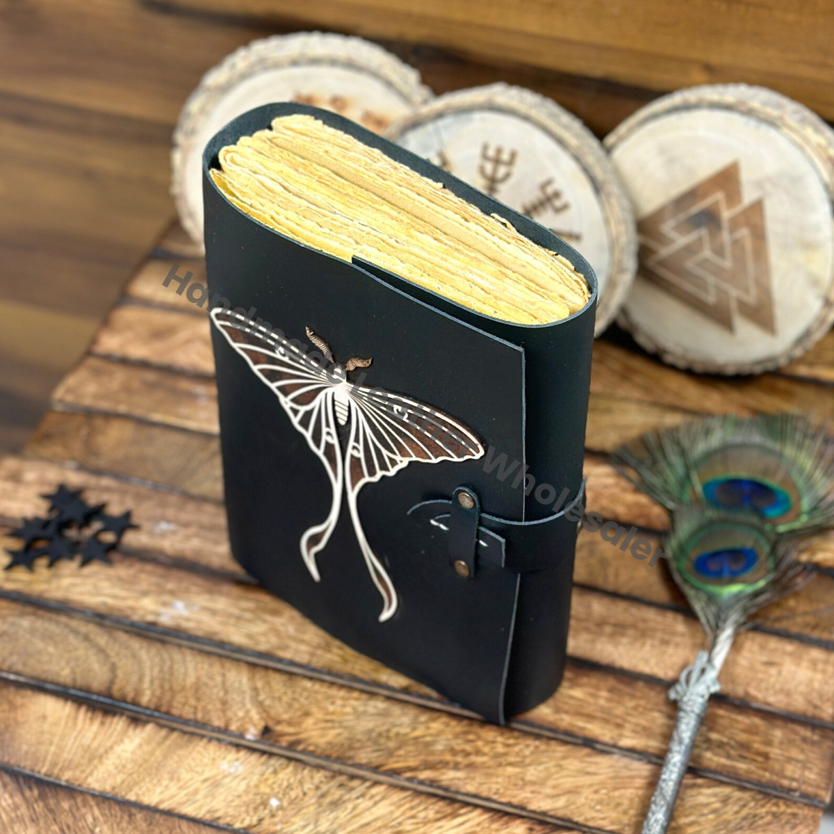 Handmade Leather Spell Book: Luna Moth Journal, Vintage Lock & Deckle Edge Paper
