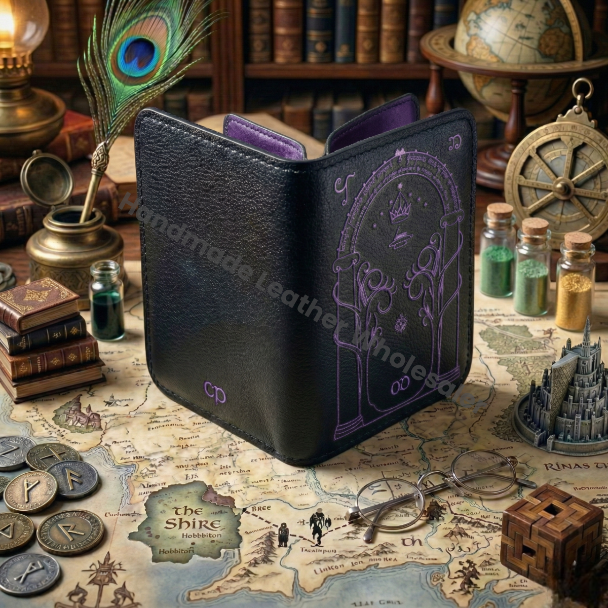 Handmade Leather Wallet with Door of Durin Design | 4 Card Slots | Tolkien Inspired