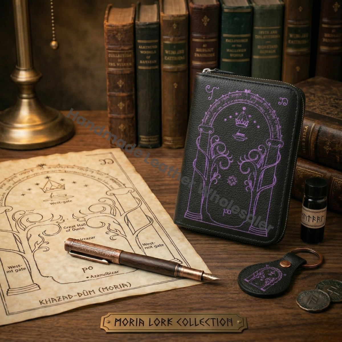 Handmade Leather Wallet with Door of Durin Design | 4 Card Slots | Tolkien Inspired