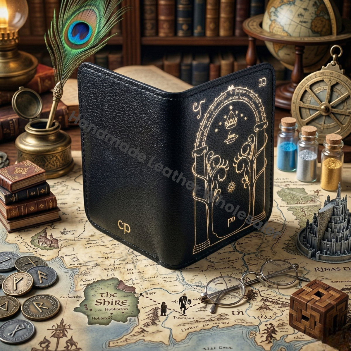 Handmade Leather Wallet with Door of Durin Design | 4 Card Slots | Tolkien Inspired