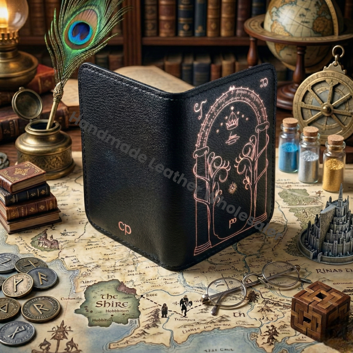 Handmade Leather Wallet with Door of Durin Design | 4 Card Slots | Tolkien Inspired