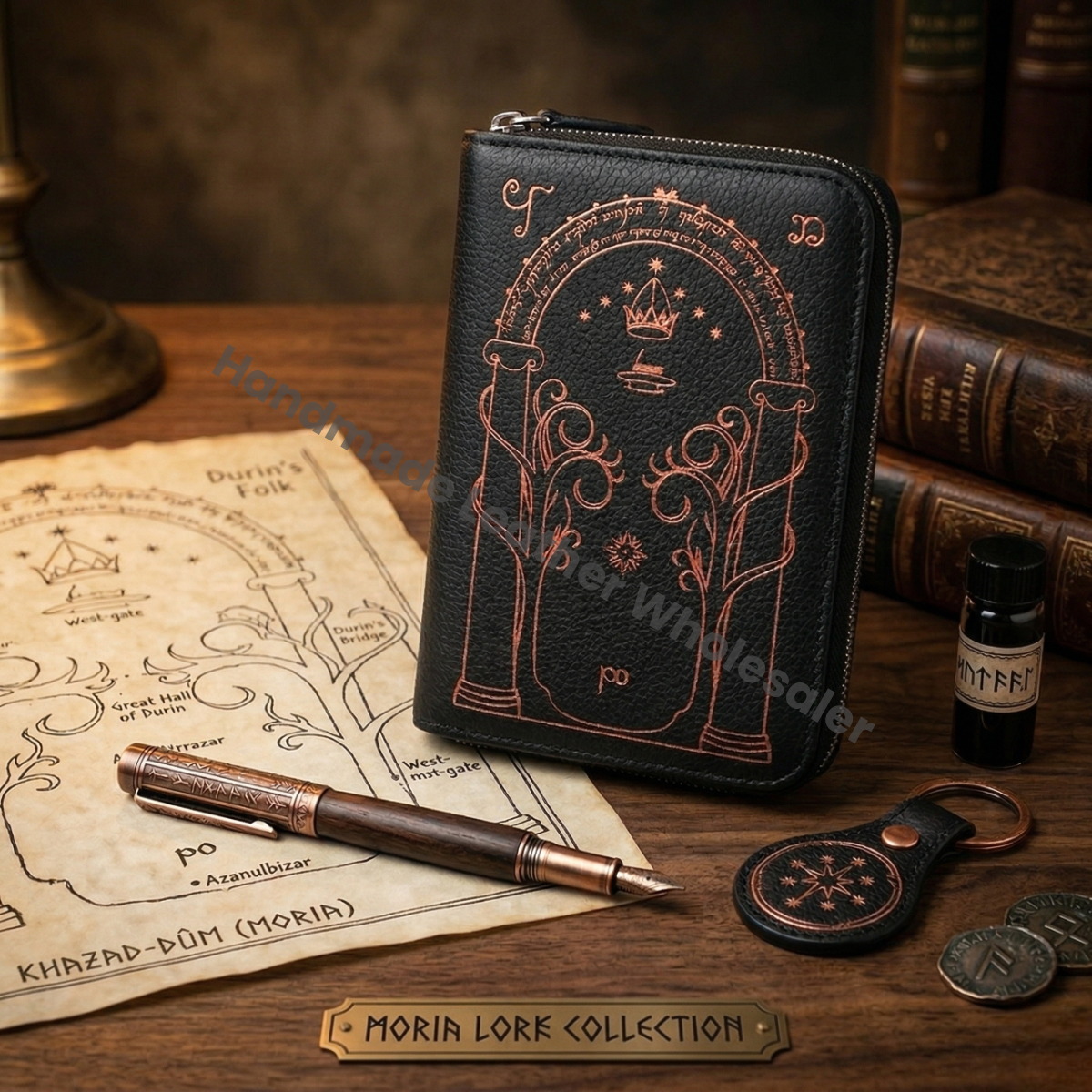 Handmade Leather Wallet with Door of Durin Design | 4 Card Slots | Tolkien Inspired