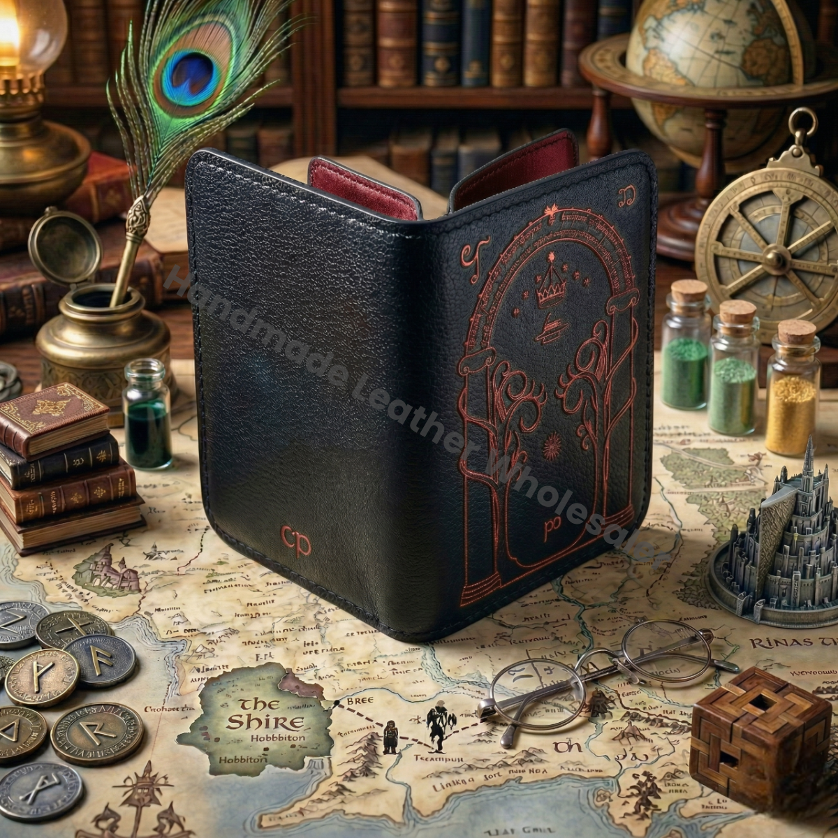 Handmade Leather Wallet with Door of Durin Design | 4 Card Slots | Tolkien Inspired