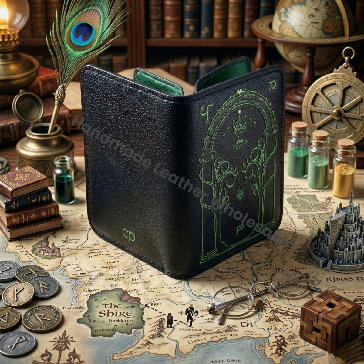 Handmade Leather Wallet with Door of Durin Design | 4 Card Slots | Tolkien Inspired
