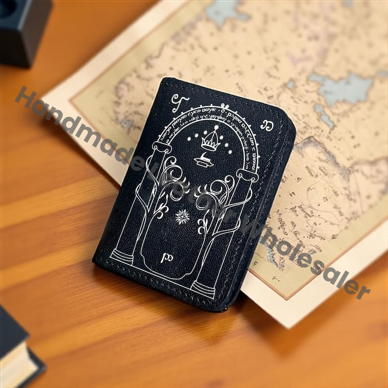 Handmade Leather Wallet with Door of Durin Design | 4 Card Slots | Tolkien Inspired