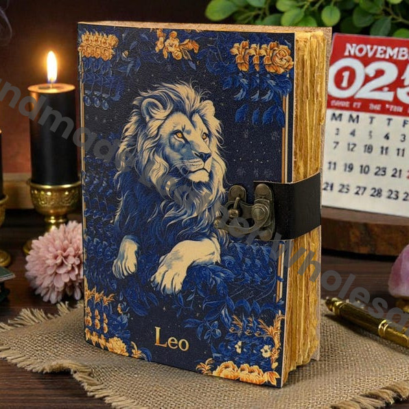 Handmade Leo Zodiac Leather Journal – Lion Astrology Notebook – blank Spell book of shadows Vintage Deckle Edge Paper