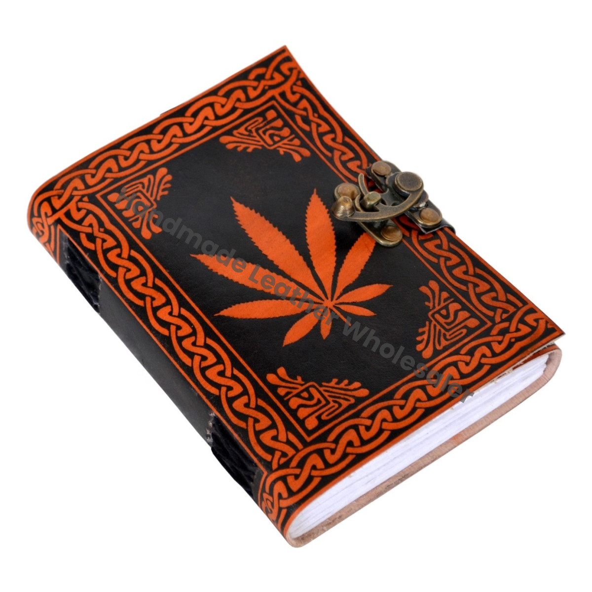 Handmade Loose-Leaf Sketchbook Notebook Day Planner Antique Leather Journal Orange Leaf Design Best Gift Unisex Cotton Paper