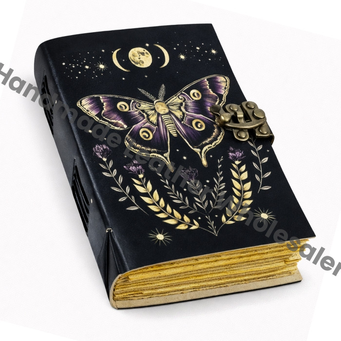 Handmade Luna Moth Leather Journal: Vintage Spell Book, Deckle Edge Paper