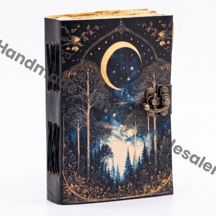Handmade Moon Forest Spell Book Journal With Lock - Celestial Night Leather Notebook - Grimoire Diary - Antique Deckle Edge Paper