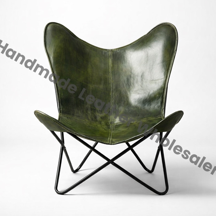 Handmade Olive Leather Butterfly Chair & Stool Set | Mid-Century Lounge Seating A Home Furniture Room Decor Chair Footstool