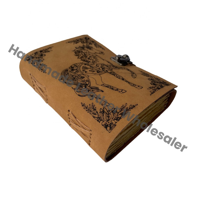 Handmade Organizer Leather Bound Journal Horse Design Hardcover Sketchbook Yellow Pages Vintage Style Organizer Planner