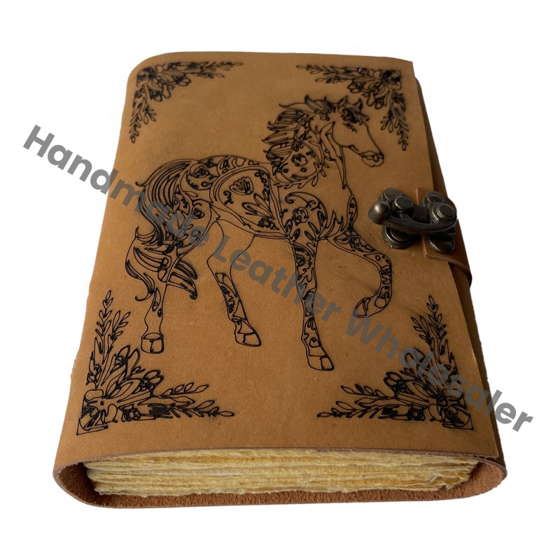 Handmade Organizer Leather Bound Journal Horse Design Hardcover Sketchbook Yellow Pages Vintage Style Organizer Planner