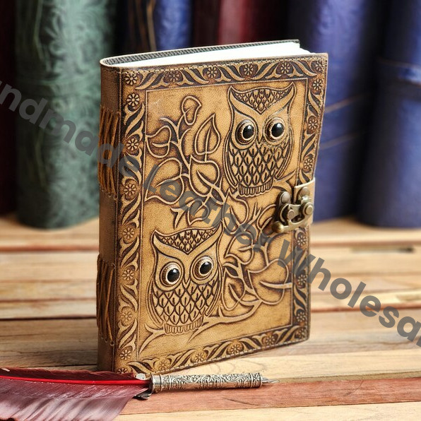 Handmade Owl Embossed Leather Journal, Book of Shadows