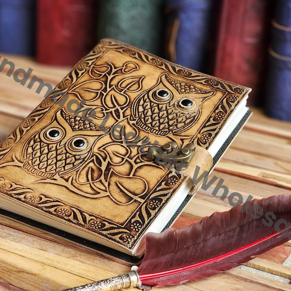 Handmade Owl Embossed Leather Journal, Book of Shadows