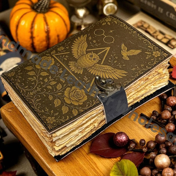 Handmade Owl Leather Grimoire – Blank Book of Shadows, Witchy Journal