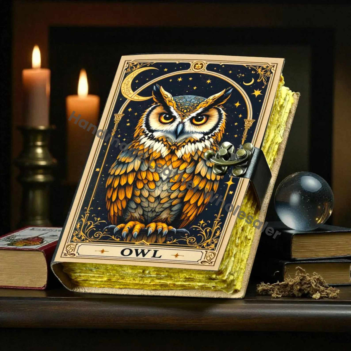 Handmade Owl Leather Grimoire: Witchy Book of Shadows, Blank Journal
