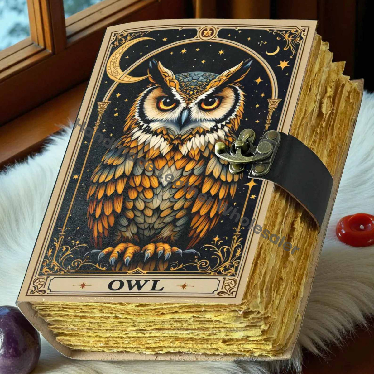 Handmade Owl Leather Grimoire: Witchy Book of Shadows, Blank Journal