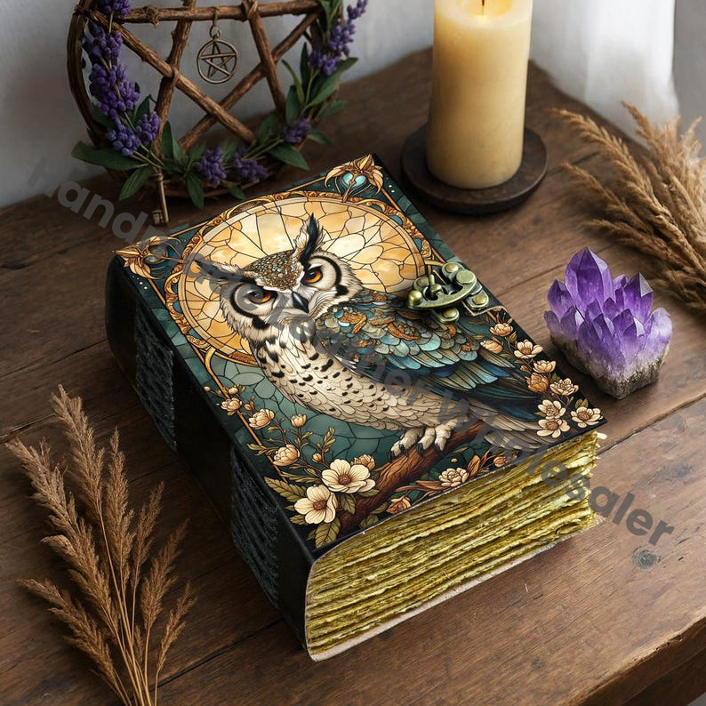Handmade Owl Leather Grimoire: Witchy Book of Shadows, Blank Journal