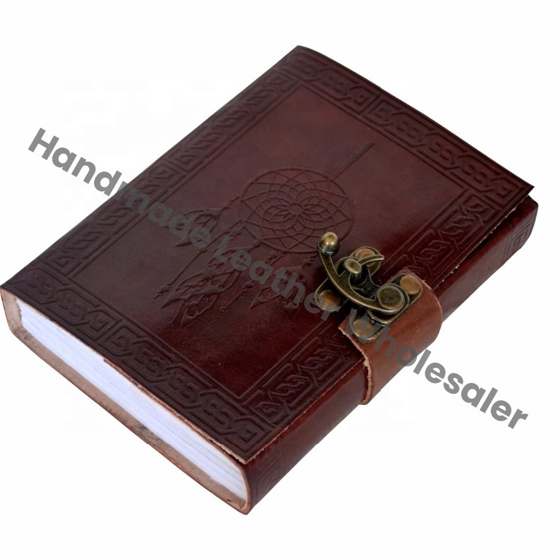 Handmade Paper Brown Leather Hardcover Journal New Celtic Dream Catcher Embossed Celtic Grimoire Bound Vintage Cotton Gift
