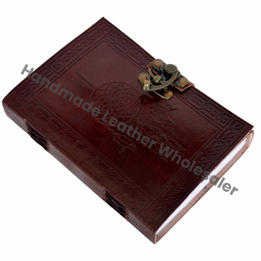 Handmade Paper Brown Leather Hardcover Journal New Celtic Dream Catcher Embossed Celtic Grimoire Bound Vintage Cotton Gift