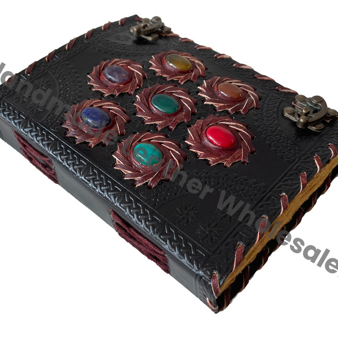Handmade Personalized Vintage Leather Journal Thermal Binding Seven Chakra Stones for Education Secrets Grimoires Unique Gift