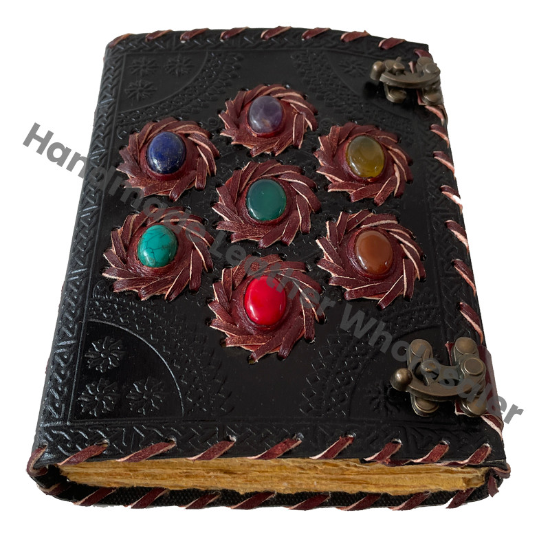 Handmade Personalized Vintage Leather Journal Thermal Binding Seven Chakra Stones for Education Secrets Grimoires Unique Gift