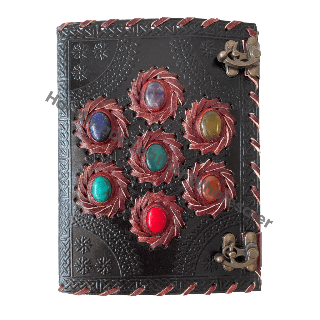 Handmade Personalized Vintage Leather Journal Thermal Binding Seven Chakra Stones for Education Secrets Grimoires Unique Gift