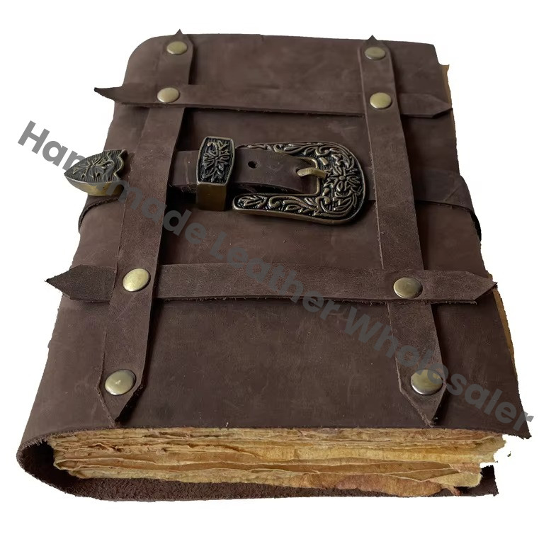 Handmade Printed Vintage Leather Journal with Buckle Soft Eco-friendly Notebook Sketchbook Diary Personalized Planner Gift