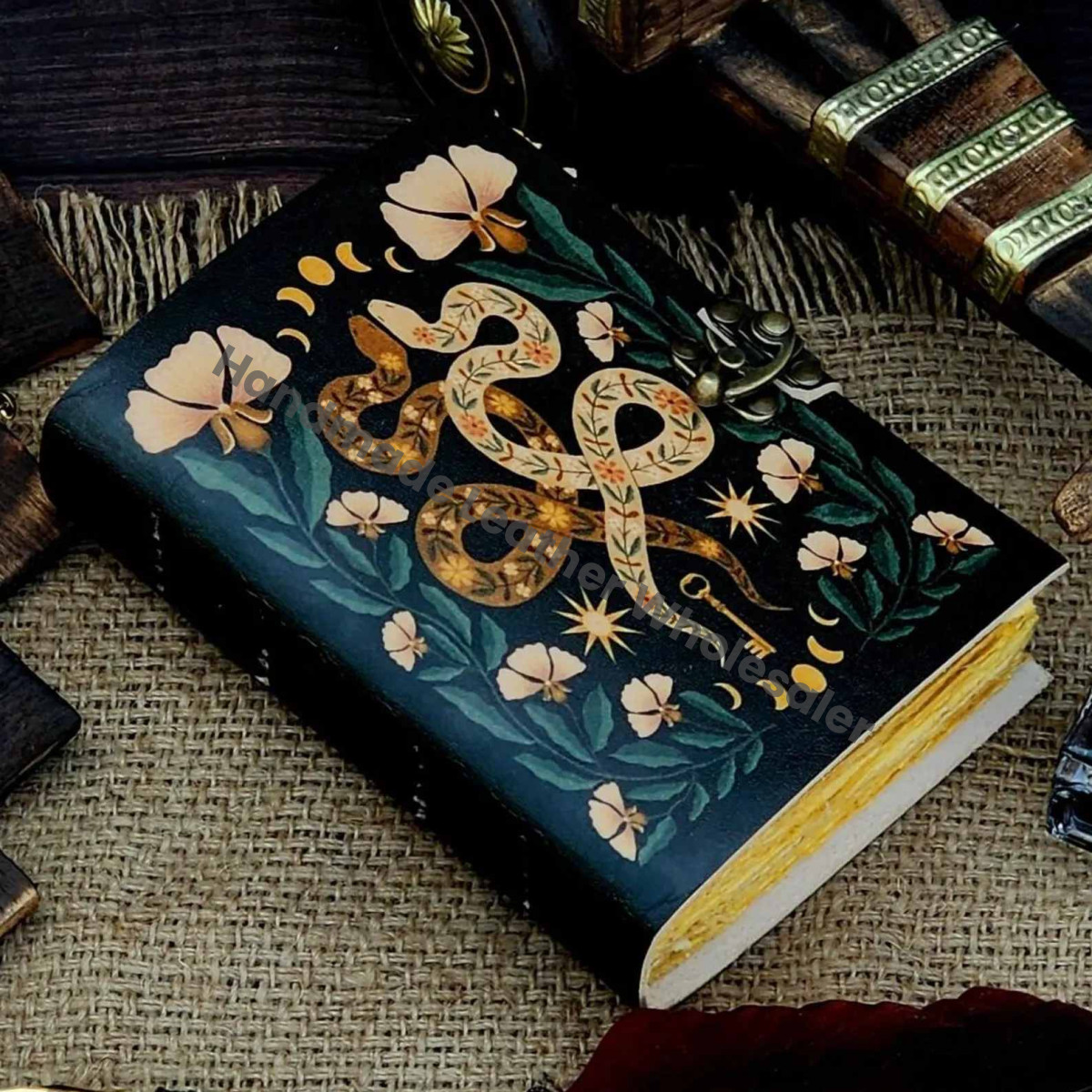 Handmade Serpentine Leather Grimoire Book of Shadows with Lock Witchcraft Journal Spell Book Wiccan Notebook