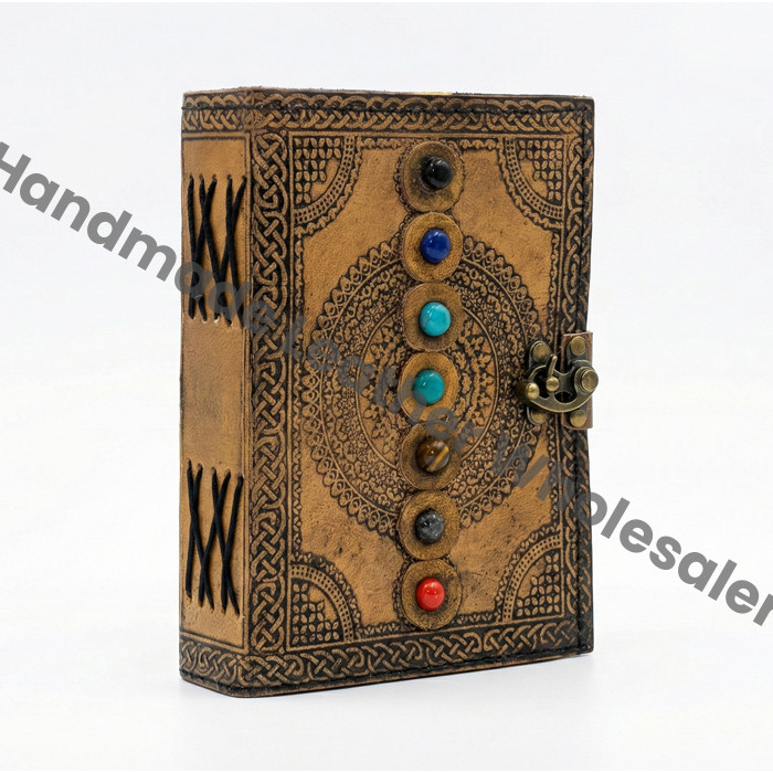 Handmade Seven Chakra Stone Leather Journal – Antique Deckle Edge Paper