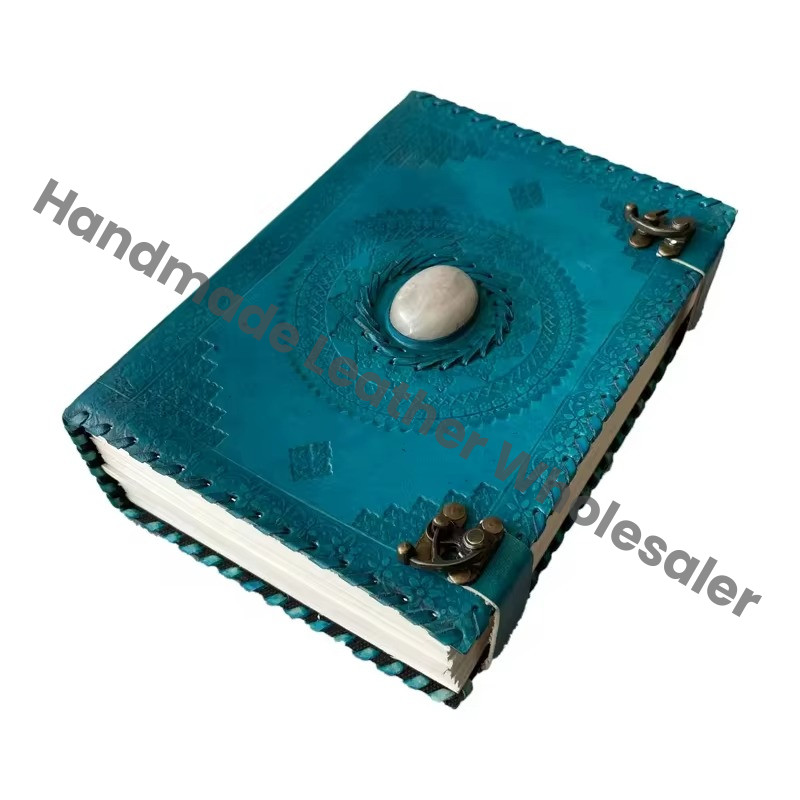 Handmade Vintage Antique Blue Leather Journal Stone Travel Regular Hand Design Sketchbook Planner Spell Wiccan Bound Planner