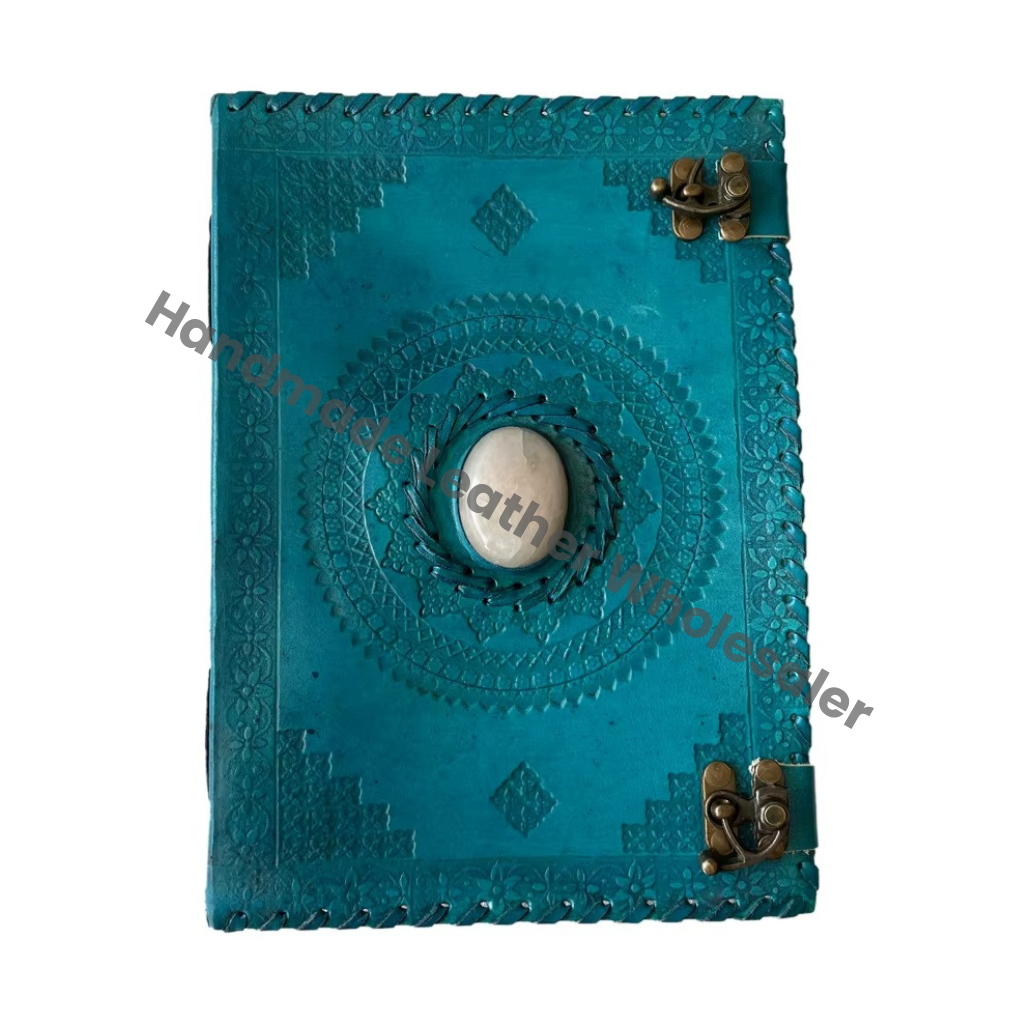 Handmade Vintage Antique Blue Leather Journal Stone Travel Regular Hand Design Sketchbook Planner Spell Wiccan Bound Planner