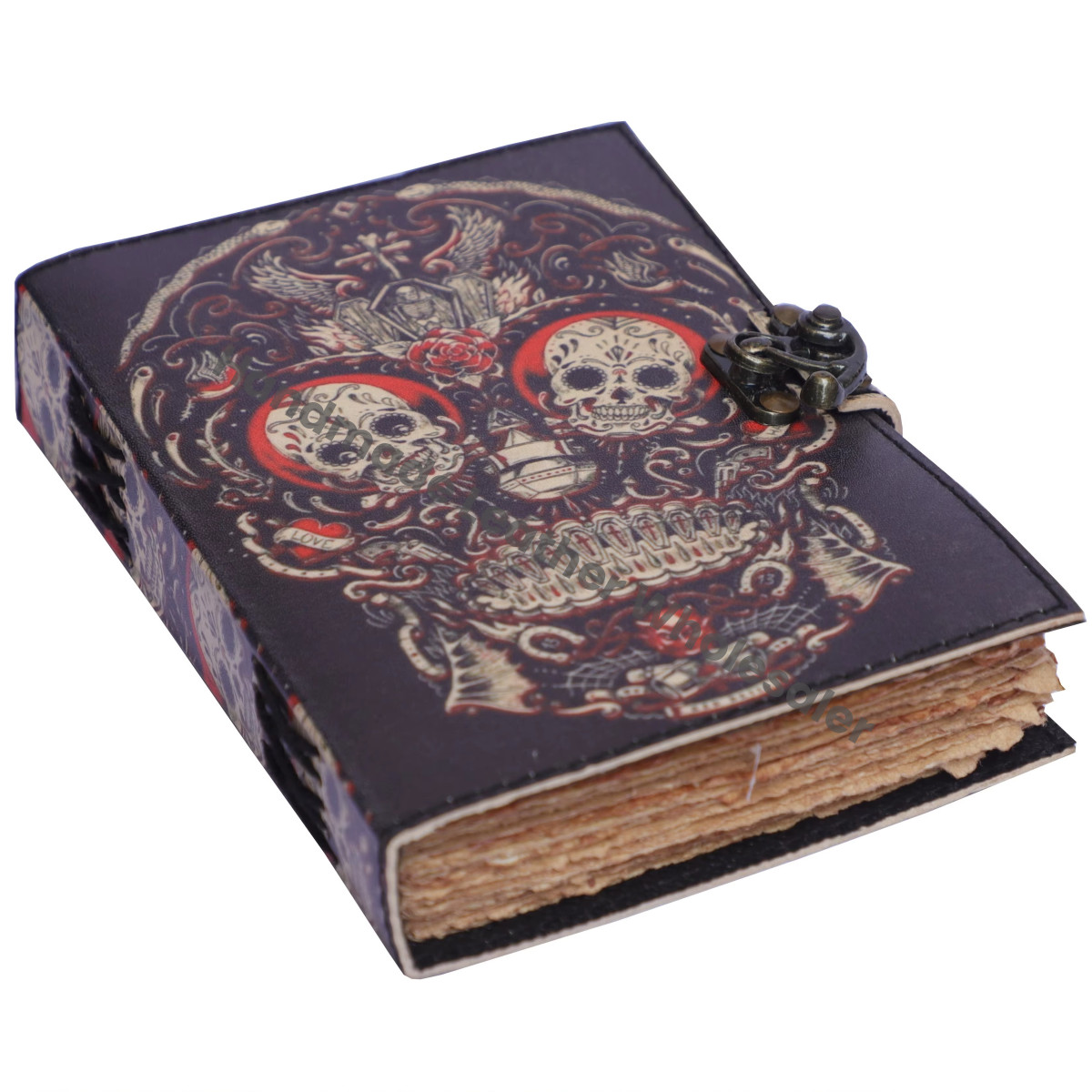 Handmade Vintage Design Skull Day Dead Leather Print Deckle Edge Eco-friendly Paper Hard Leather Cover Notebook Gift