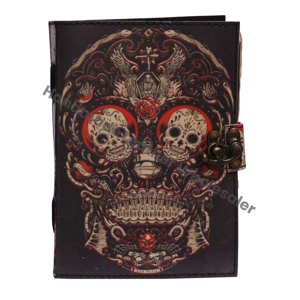 Handmade Vintage Design Skull Day Dead Leather Print Deckle Edge Eco-friendly Paper Hard Leather Cover Notebook Gift