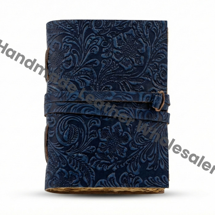 Handmade Vintage Leather Journal: Blue Floral Spell Book with Deckle Edge Paper