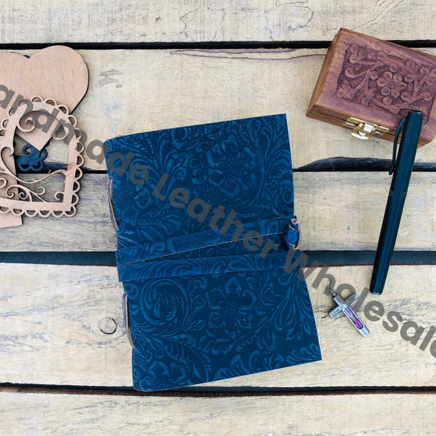 Handmade Vintage Leather Journal: Blue Floral Spell Book with Deckle Edge Paper