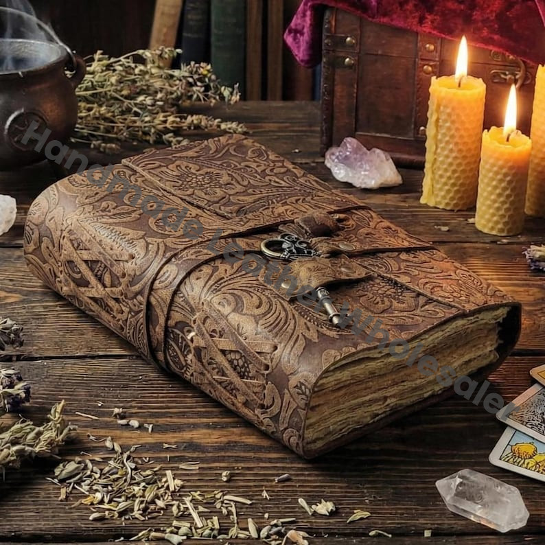 Handmade Vintage Look Leather Journal – Book of Shadows Antique Deckle Edge Paper, Wiccan Pagan Grimoire Witchcraft Spellbook Gift